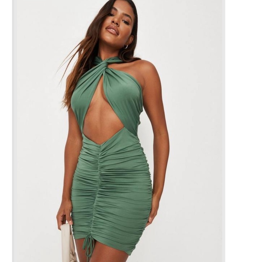 khaki slinky wrap front ruched mini dress